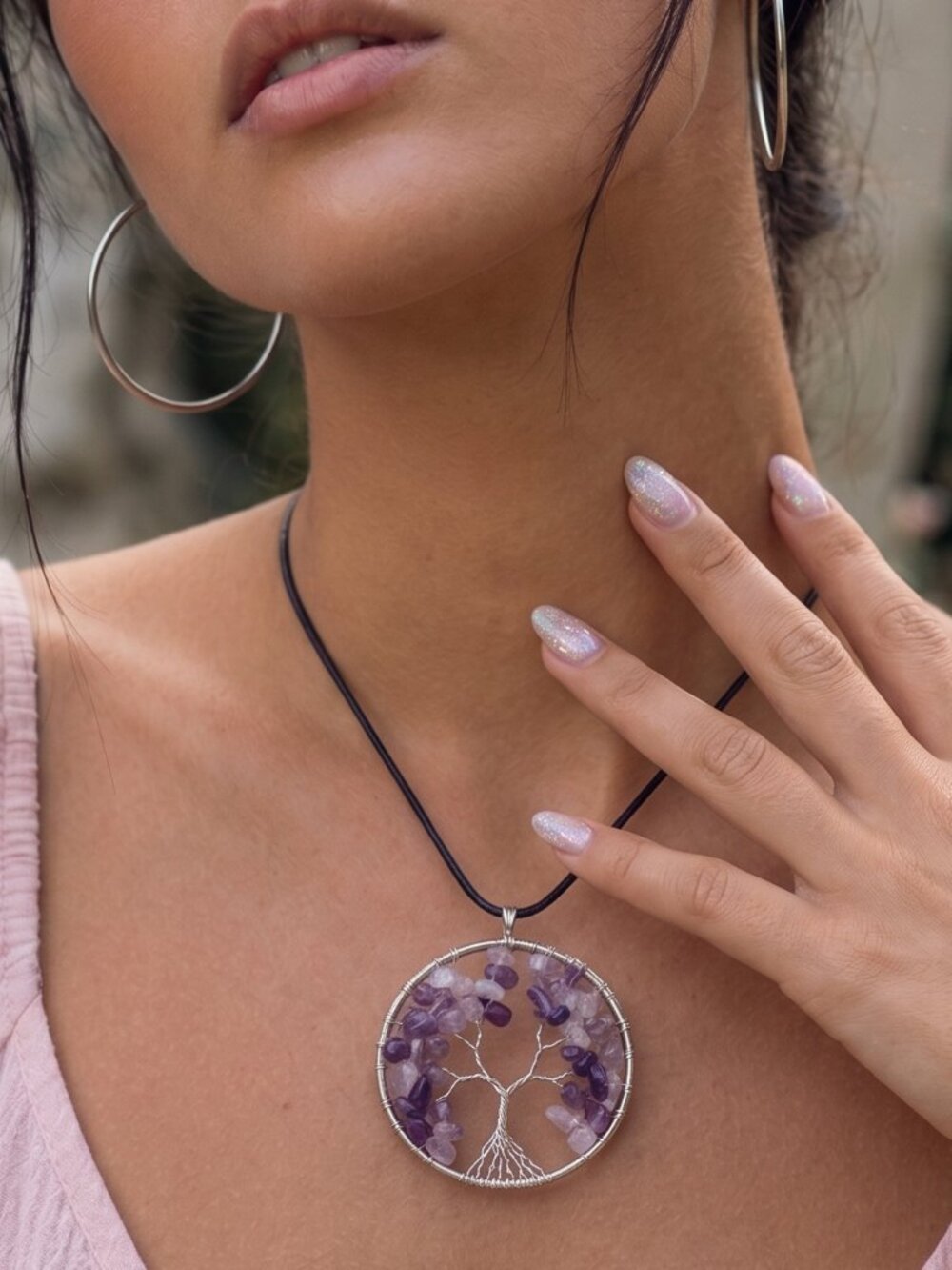 Amethyst Tree of Life Pendant Necklace Silver Plated Cottagecore Adj 17"